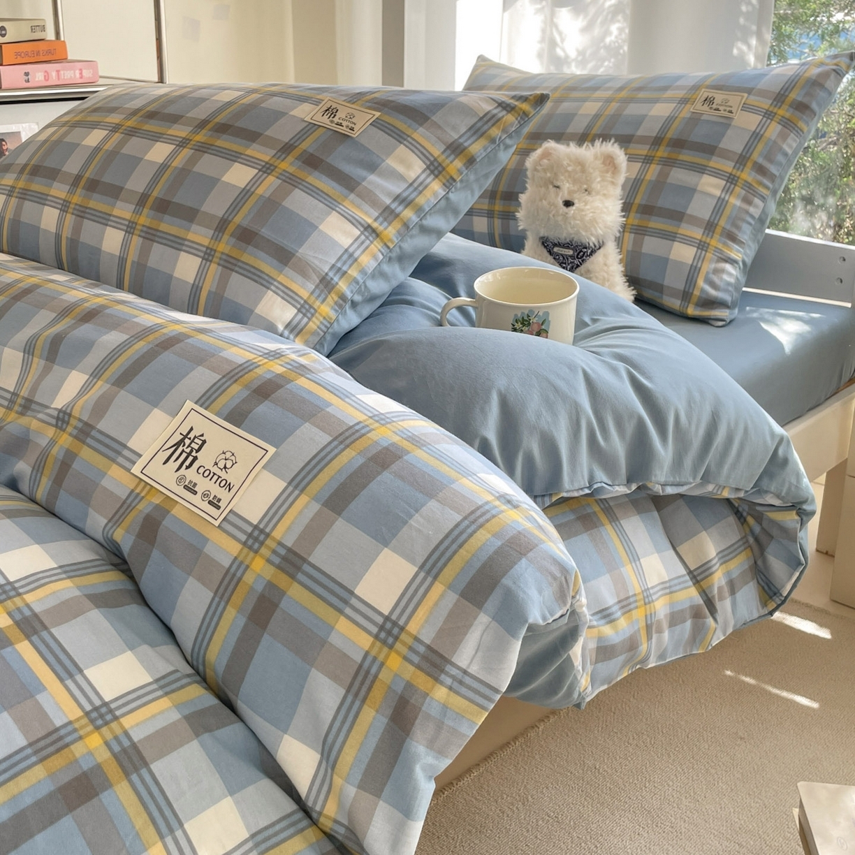 91家纺网 家纺一手货源 找家纺 （总）莱通家纺 2025春夏新款纯棉13372纯色双拼学生三件套六件套-商家提供买家秀