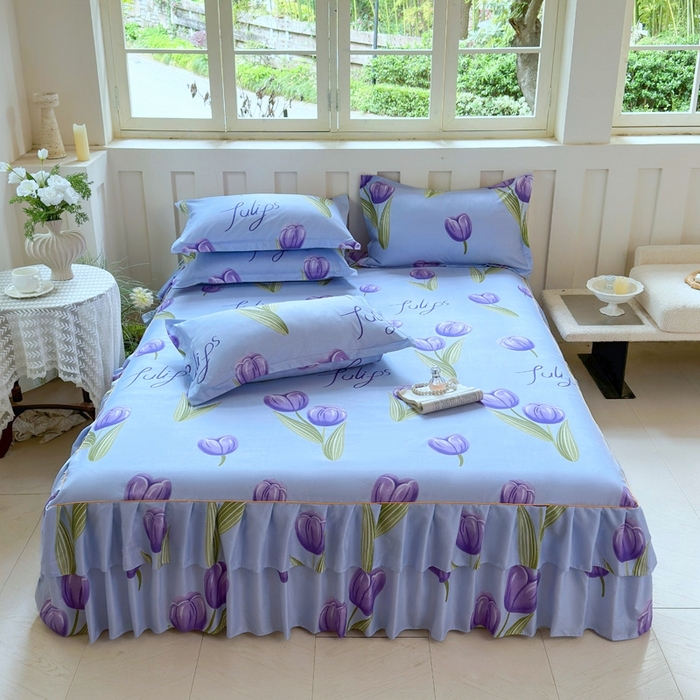 91家纺网 家纺一手货源 找家纺 雨田2025新款夹棉印花床裙 唯爱花季兰