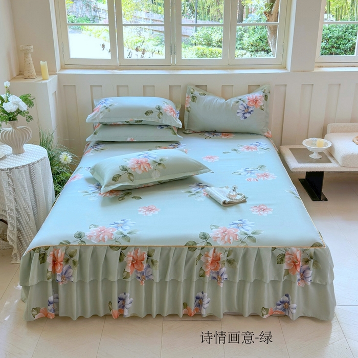 雨田2025新款夹棉印花床裙 诗情画意绿