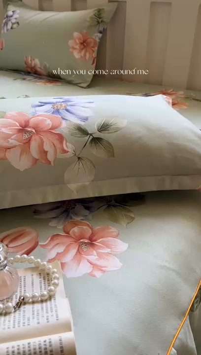 91家纺网 家纺一手货源 找家纺 雨田2025新款夹棉印花床裙 诗情画意绿