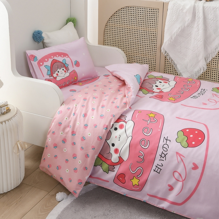 91家纺网 家纺一手货源 找家纺 梵赫 2025新款小版全棉纯棉卡通幼儿园儿童三件套套件 甜心女孩