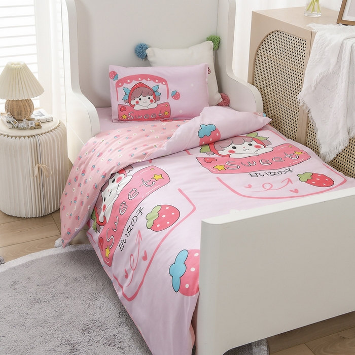 91家纺网 家纺一手货源 找家纺 梵赫 2025新款小版全棉纯棉卡通幼儿园儿童三件套套件 甜心女孩