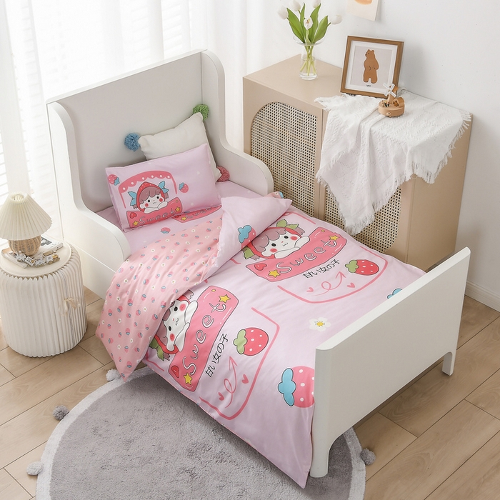 91家纺网 家纺一手货源 找家纺 梵赫 2025新款小版全棉纯棉卡通幼儿园儿童三件套套件 甜心女孩