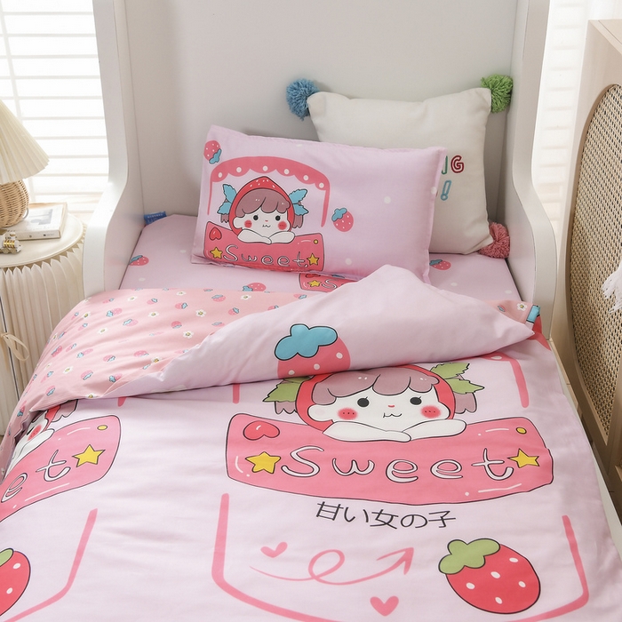 91家纺网 家纺一手货源 找家纺 梵赫 2025新款小版全棉纯棉卡通幼儿园儿童三件套套件 甜心女孩