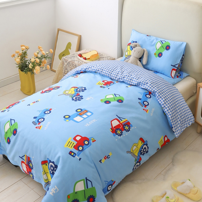 91家纺网 家纺一手货源 找家纺 梵赫 2025新款小版全棉纯棉卡通幼儿园儿童三件套套件 小汽车-蓝