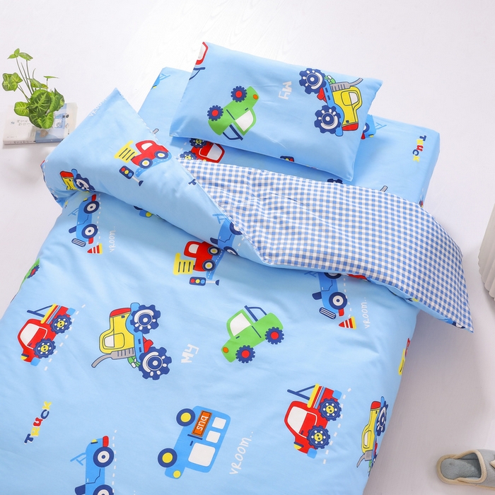 91家纺网 家纺一手货源 找家纺 梵赫 2025新款小版全棉纯棉卡通幼儿园儿童三件套套件 小汽车-蓝