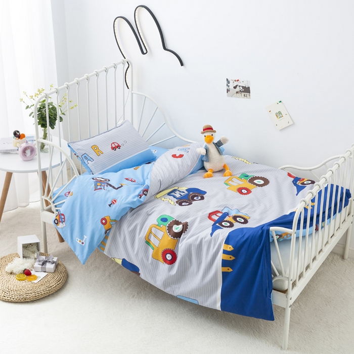 91家纺网 家纺一手货源 找家纺 梵赫 2025新款小版全棉纯棉卡通幼儿园儿童三件套套件 小挖机