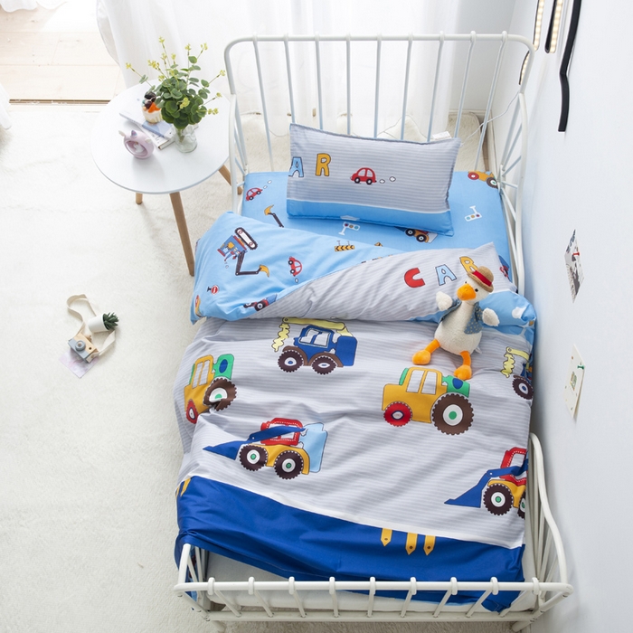 91家纺网 家纺一手货源 找家纺 梵赫 2025新款小版全棉纯棉卡通幼儿园儿童三件套套件 小挖机