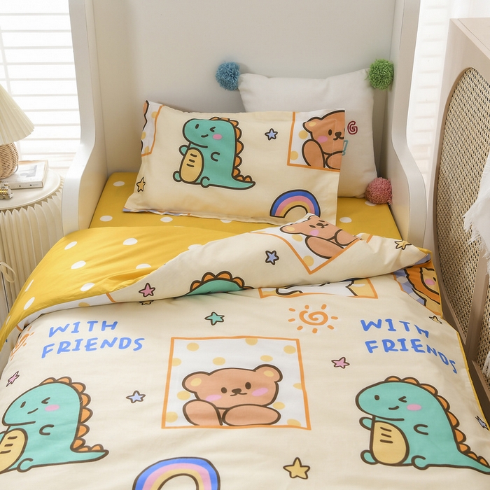 91家纺网 家纺一手货源 找家纺 梵赫 2025新款小版全棉纯棉卡通幼儿园儿童三件套套件 小熊甜心