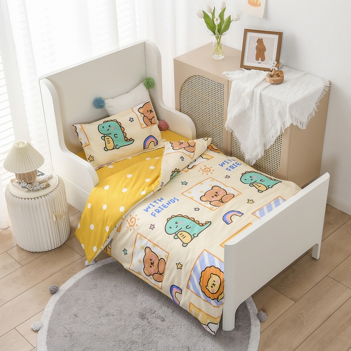 91家纺网 家纺一手货源 找家纺 梵赫 2025新款小版全棉纯棉卡通幼儿园儿童三件套套件 小熊甜心