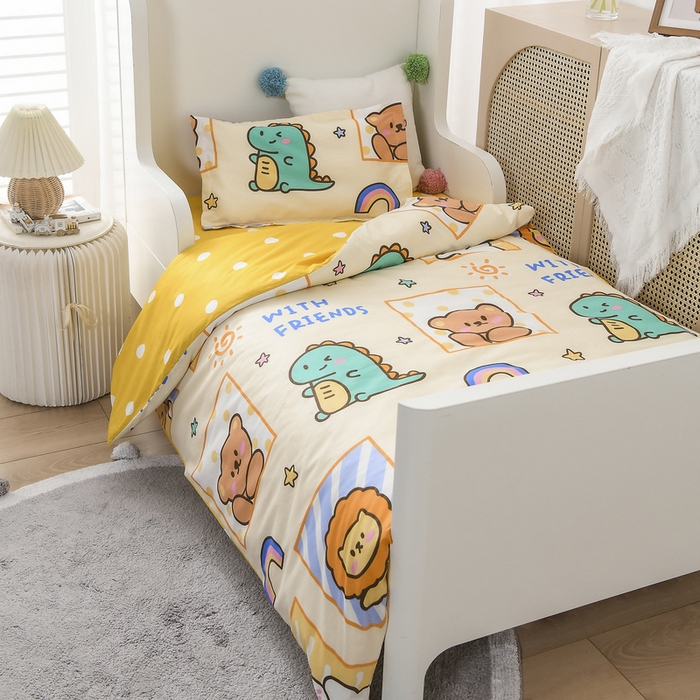 91家纺网 家纺一手货源 找家纺 梵赫 2025新款小版全棉纯棉卡通幼儿园儿童三件套套件 小熊甜心