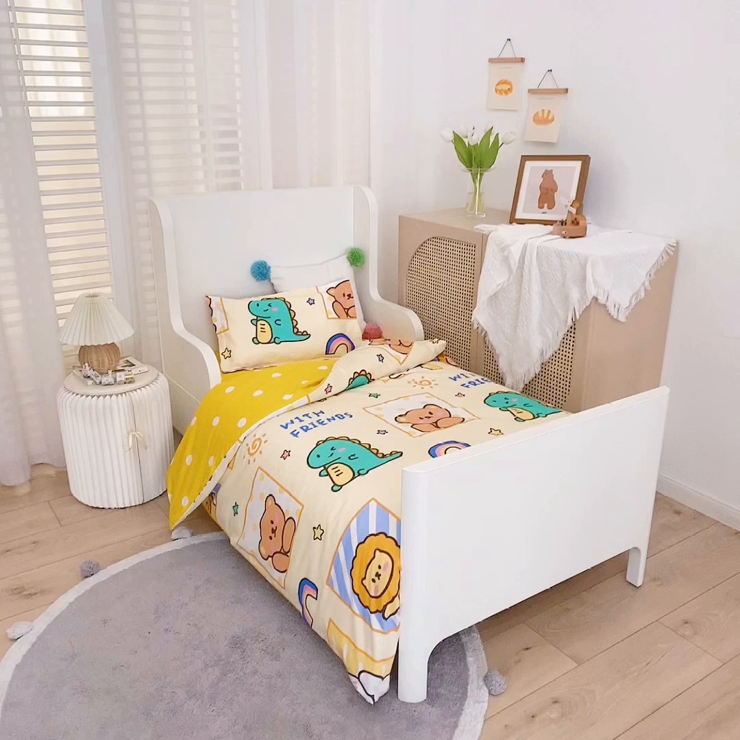 91家纺网 家纺一手货源 找家纺 梵赫 2025新款小版全棉纯棉卡通幼儿园儿童三件套套件 小熊甜心