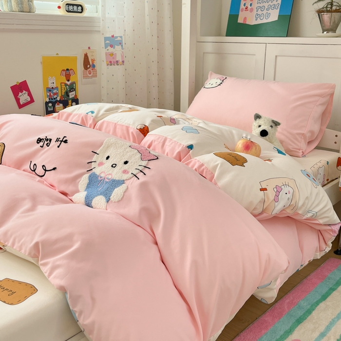 91家纺网 家纺一手货源 找家纺 （总）如一 2025新款A类卡通毛巾绣水洗云朵棉学生宿舍床三件套