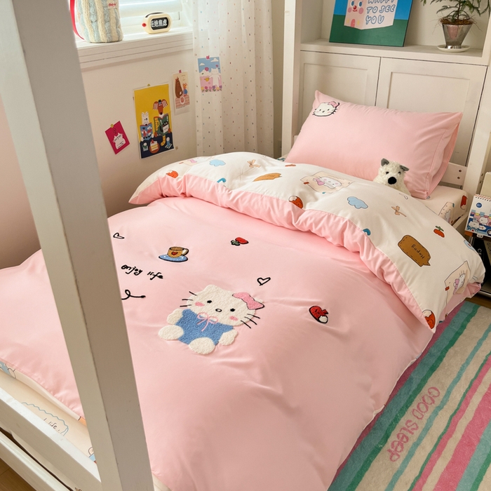 91家纺网 家纺一手货源 找家纺 （总）如一 2025新款A类卡通毛巾绣水洗云朵棉学生宿舍床三件套