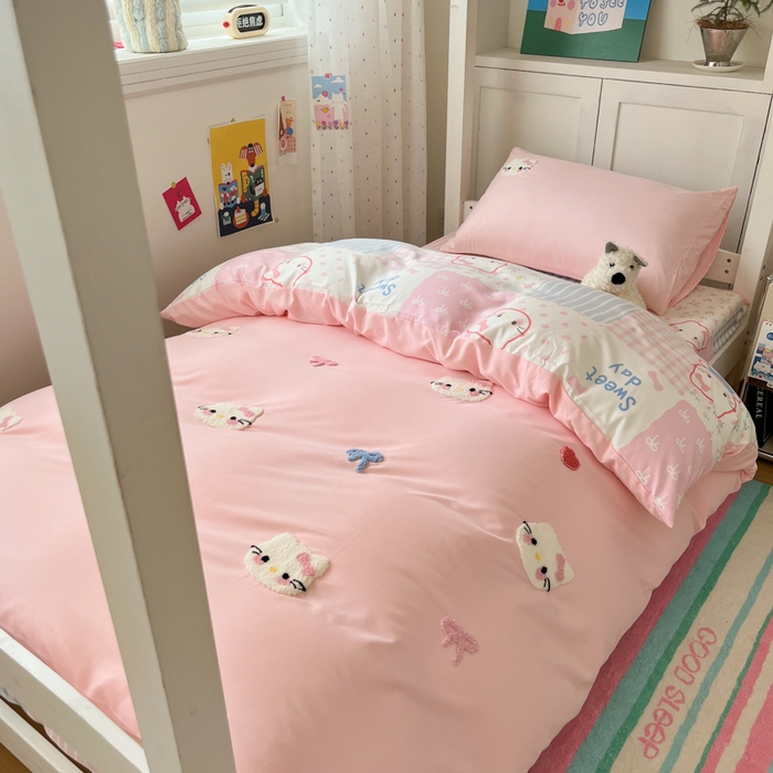 91家纺网 家纺一手货源 找家纺 （总）如一 2025新款A类卡通毛巾绣水洗云朵棉学生宿舍床三件套