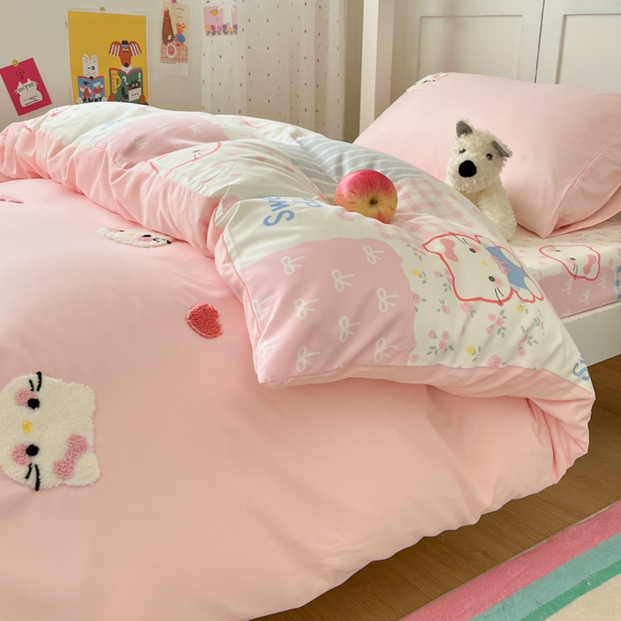 91家纺网 家纺一手货源 找家纺 如一 2025新款A类卡通毛巾绣水洗云朵棉学生宿舍床三件套 好多猫