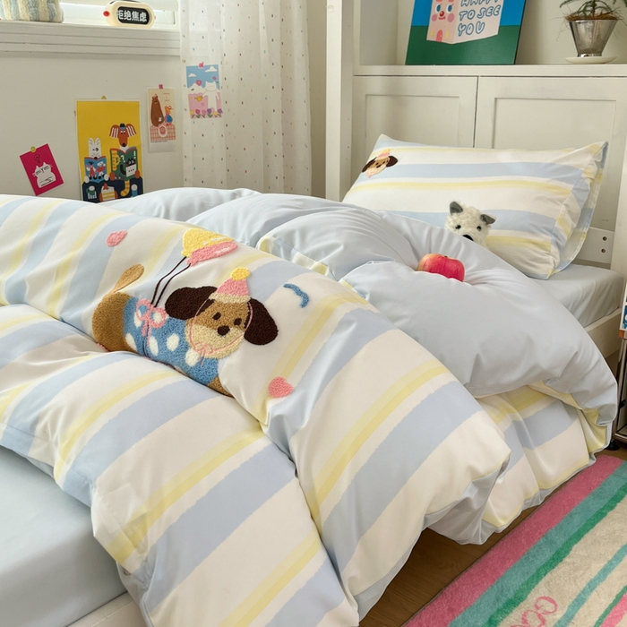 91家纺网 家纺一手货源 找家纺 如一 2025新款A类卡通毛巾绣水洗云朵棉学生宿舍床三件套 可爱狗