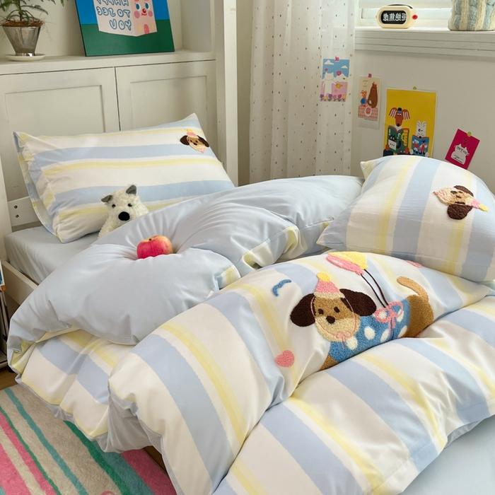 91家纺网 家纺一手货源 找家纺 如一 2025新款A类卡通毛巾绣水洗云朵棉学生宿舍床三件套 可爱狗