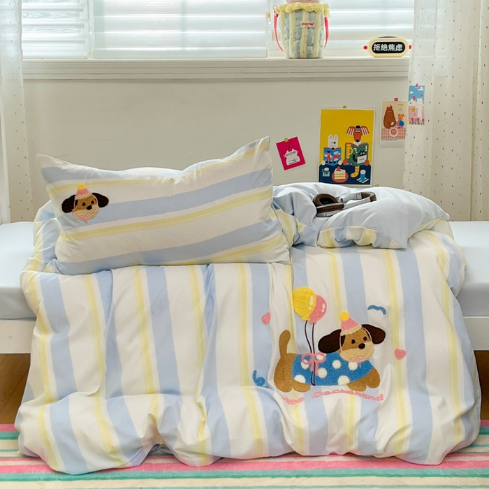 91家纺网 家纺一手货源 找家纺 如一 2025新款A类卡通毛巾绣水洗云朵棉学生宿舍床三件套 可爱狗