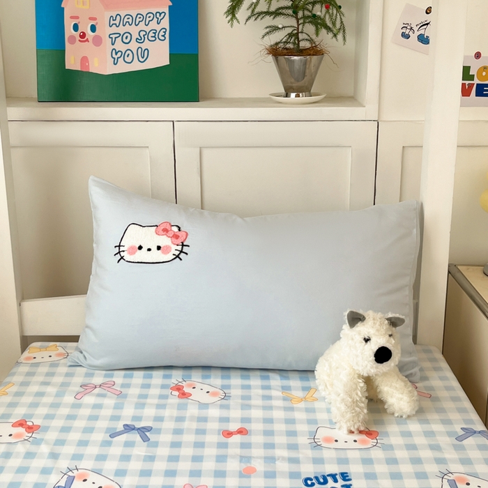 91家纺网 家纺一手货源 找家纺 如一 2025新款A类卡通毛巾绣水洗云朵棉学生宿舍床三件套 蓝格猫