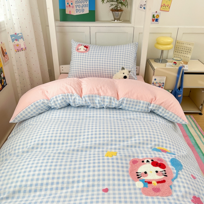 91家纺网 家纺一手货源 找家纺 如一 2025新款A类卡通毛巾绣水洗云朵棉学生宿舍床三件套 小花猫