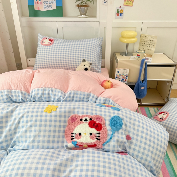 91家纺网 家纺一手货源 找家纺 如一 2025新款A类卡通毛巾绣水洗云朵棉学生宿舍床三件套 小花猫