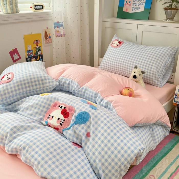 91家纺网 家纺一手货源 找家纺 如一 2025新款A类卡通毛巾绣水洗云朵棉学生宿舍床三件套 小花猫