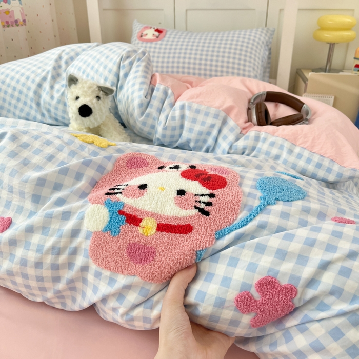 91家纺网 家纺一手货源 找家纺 如一 2025新款A类卡通毛巾绣水洗云朵棉学生宿舍床三件套 小花猫