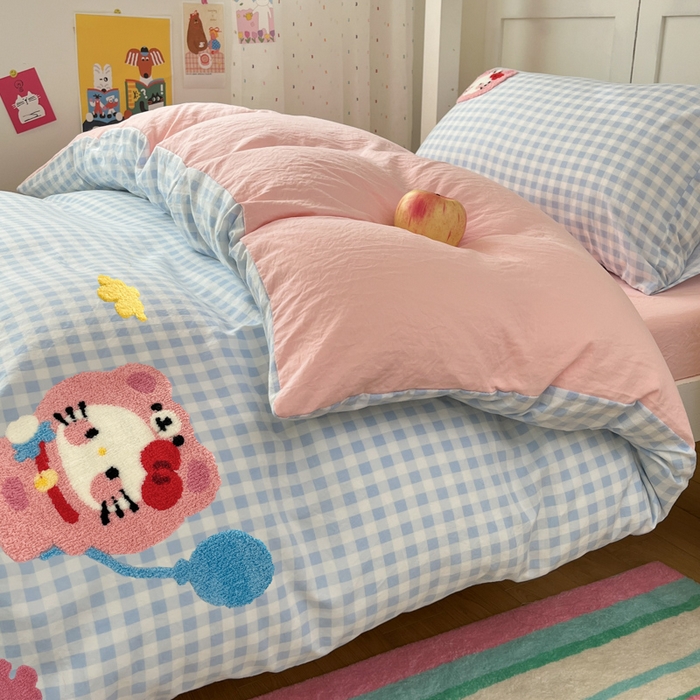 91家纺网 家纺一手货源 找家纺 如一 2025新款A类卡通毛巾绣水洗云朵棉学生宿舍床三件套 小花猫