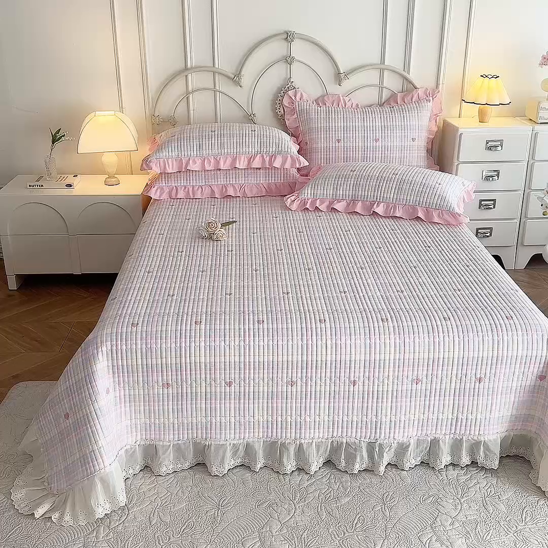 91家纺网 家纺一手货源 找家纺 美达家纺 2025新款全棉夹棉密道款床盖单品床盖床盖单件 加州甜心-粉（可定制）