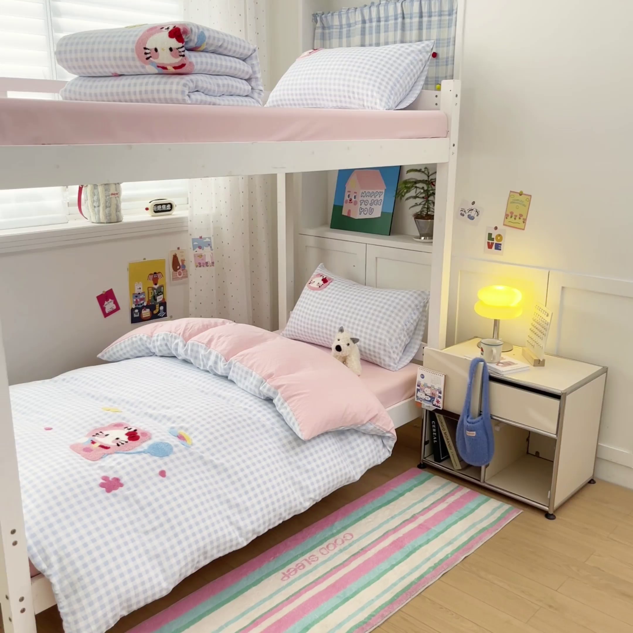 91家纺网 家纺一手货源 找家纺 如一 2025新款A类卡通毛巾绣水洗云朵棉学生宿舍床三件套 小花猫