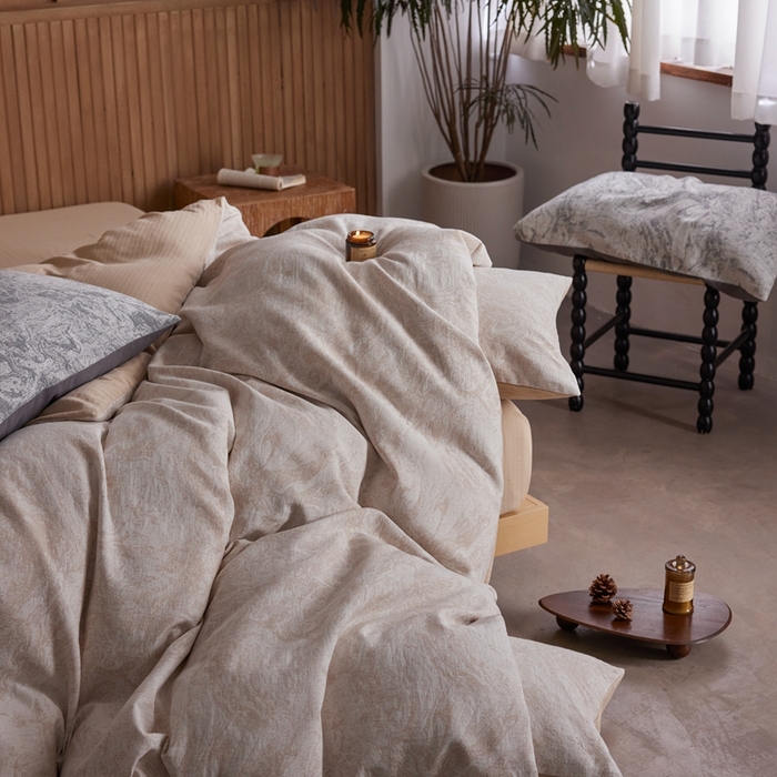 91家纺网 家纺一手货源 找家纺 梦享生活家居2025新款全棉色织双层纱提花四件套 流沙卡其