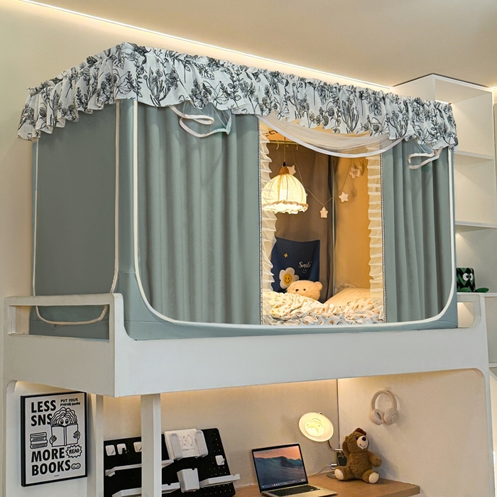 91家纺网 家纺一手货源 找家纺 飞轮海蚊帐2025新款学生宿主三开门遮光蚊帐XZ-97棉麻花边款 全底加高1.2    6面全包 芥末绿