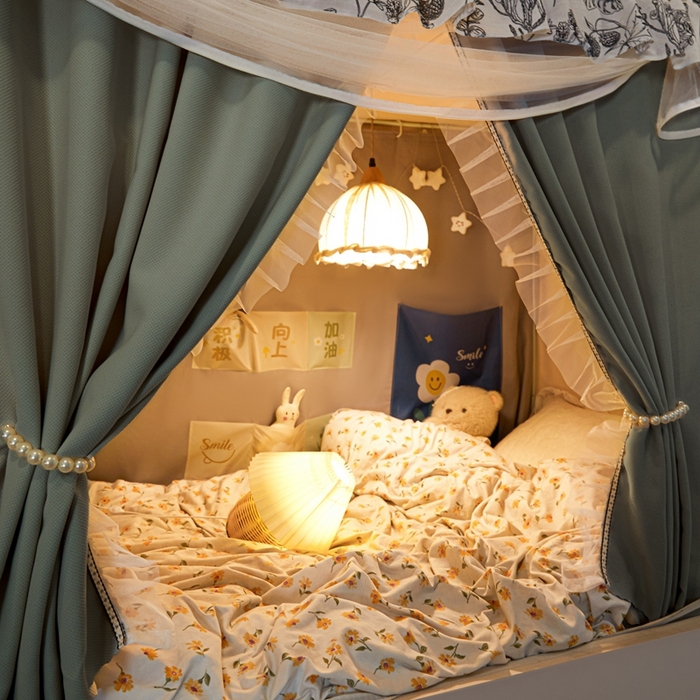 91家纺网 家纺一手货源 找家纺 飞轮海蚊帐2025新款学生宿主三开门遮光蚊帐XZ-97棉麻花边款 全底加高1.2    6面全包 芥末绿