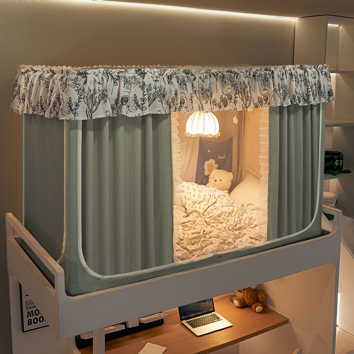 91家纺网 家纺一手货源 找家纺 飞轮海蚊帐2025新款学生宿主三开门遮光蚊帐XZ-97棉麻花边款 全底加高1.2    6面全包 芥末绿