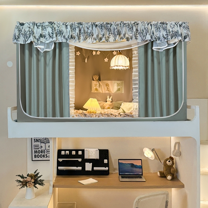 91家纺网 家纺一手货源 找家纺 飞轮海蚊帐2025新款学生宿主三开门遮光蚊帐XZ-97棉麻花边款 全底加高1.2    6面全包 芥末绿