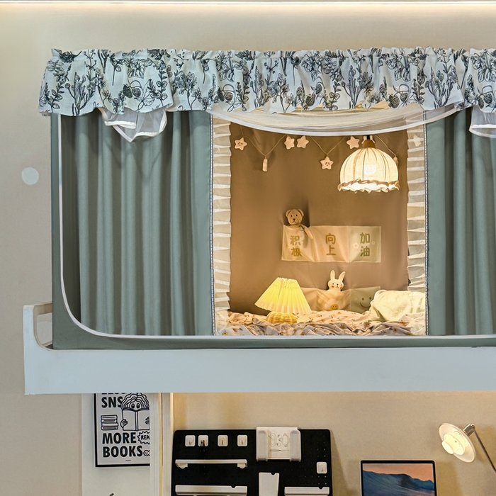 91家纺网 家纺一手货源 找家纺 飞轮海蚊帐2025新款学生宿主三开门遮光蚊帐XZ-97棉麻花边款 全底加高1.2    6面全包 芥末绿