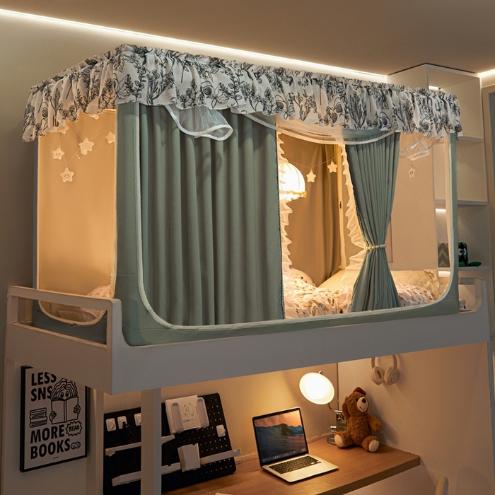 91家纺网 家纺一手货源 找家纺 飞轮海蚊帐2025新款学生宿主三开门遮光蚊帐XZ-97棉麻花边款 全底加高1.2    6面全包 芥末绿