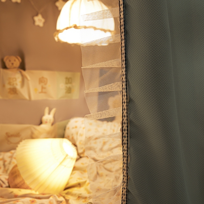 91家纺网 家纺一手货源 找家纺 飞轮海蚊帐2025新款学生宿主三开门遮光蚊帐XZ-97棉麻花边款 全底加高1.2    6面全包 芥末绿