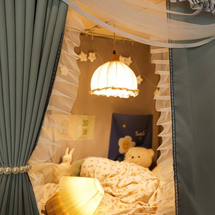 91家纺网 家纺一手货源 找家纺 飞轮海蚊帐2025新款学生宿主三开门遮光蚊帐XZ-97棉麻花边款 全底加高1.2    6面全包 芥末绿