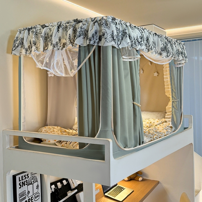 91家纺网 家纺一手货源 找家纺 飞轮海蚊帐2025新款学生宿主三开门遮光蚊帐XZ-97棉麻花边款 全底加高1.2    6面全包 芥末绿