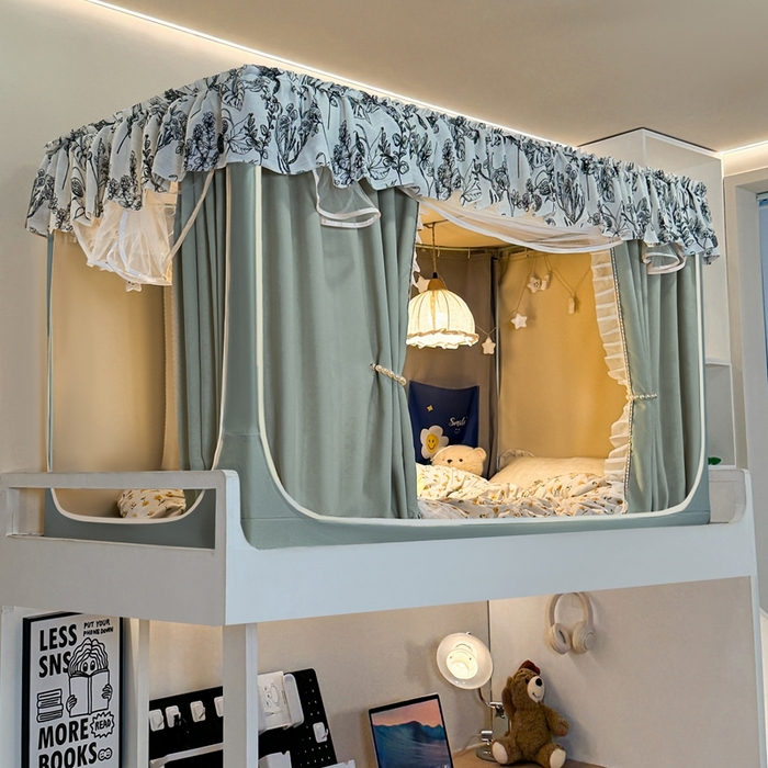 91家纺网 家纺一手货源 找家纺 飞轮海蚊帐2025新款学生宿主三开门遮光蚊帐XZ-97棉麻花边款 全底加高1.2    6面全包 芥末绿