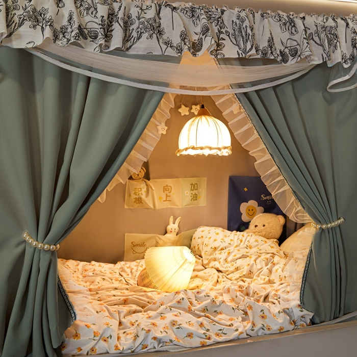 91家纺网 家纺一手货源 找家纺 飞轮海蚊帐2025新款学生宿主三开门遮光蚊帐XZ-97棉麻花边款 全底加高1.2    6面全包 芥末绿