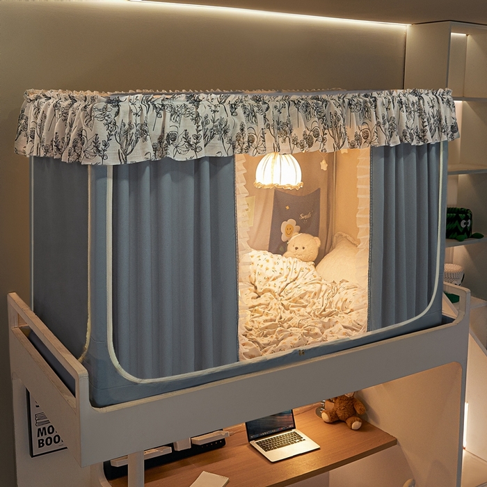 91家纺网 家纺一手货源 找家纺 飞轮海蚊帐2025新款学生宿主三开门遮光蚊帐XZ-97棉麻花边款 全底加高1.2    6面全包 蓝灰