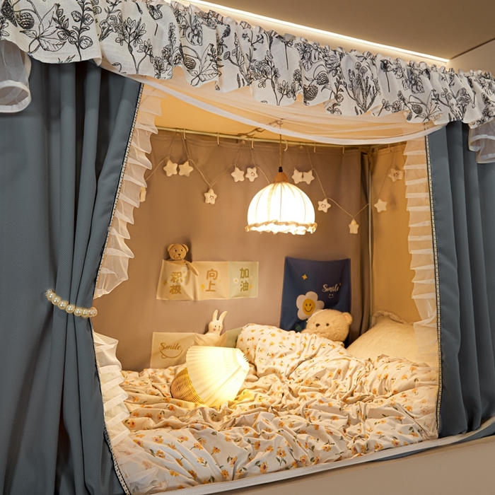 飞轮海蚊帐2025新款学生宿主三开门遮光蚊帐XZ-97棉麻花边款 全底加高1.2    6面全包 蓝灰