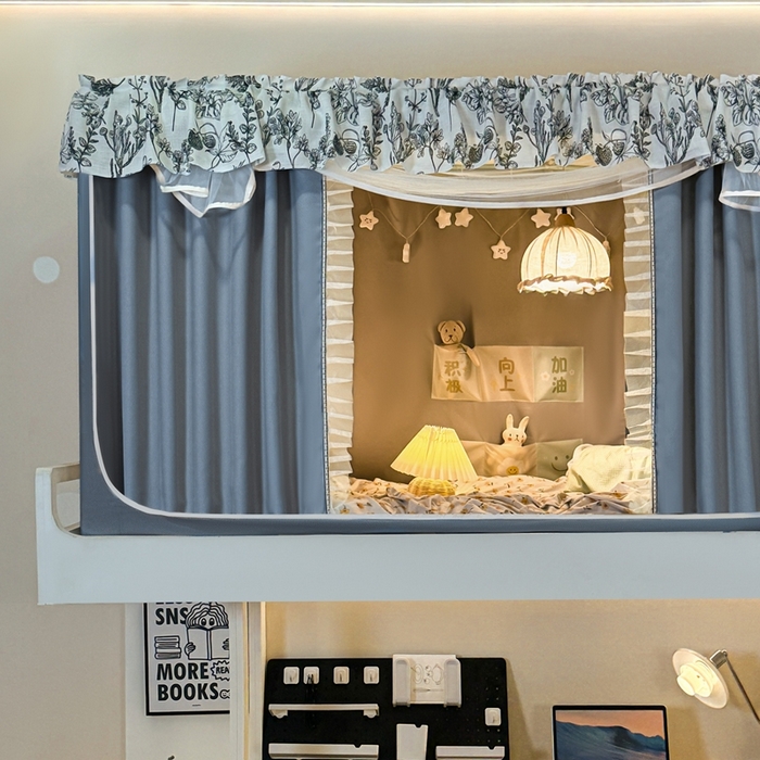 91家纺网 家纺一手货源 找家纺 飞轮海蚊帐2025新款学生宿主三开门遮光蚊帐XZ-97棉麻花边款 全底加高1.2    6面全包 蓝灰