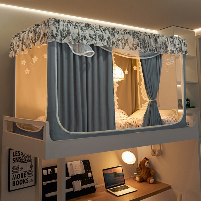 91家纺网 家纺一手货源 找家纺 飞轮海蚊帐2025新款学生宿主三开门遮光蚊帐XZ-97棉麻花边款 全底加高1.2    6面全包 蓝灰