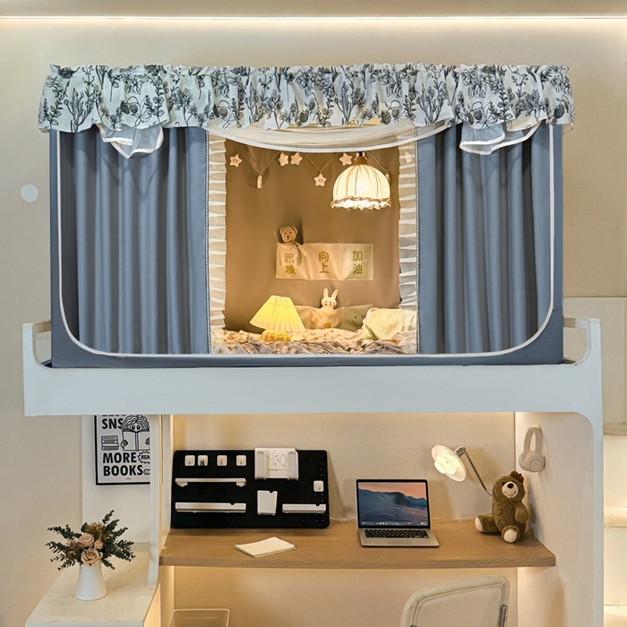 91家纺网 家纺一手货源 找家纺 飞轮海蚊帐2025新款学生宿主三开门遮光蚊帐XZ-97棉麻花边款 全底加高1.2    6面全包 蓝灰