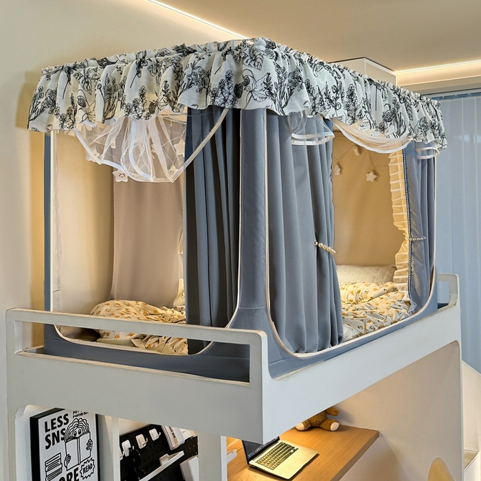 91家纺网 家纺一手货源 找家纺 飞轮海蚊帐2025新款学生宿主三开门遮光蚊帐XZ-97棉麻花边款 全底加高1.2    6面全包 蓝灰