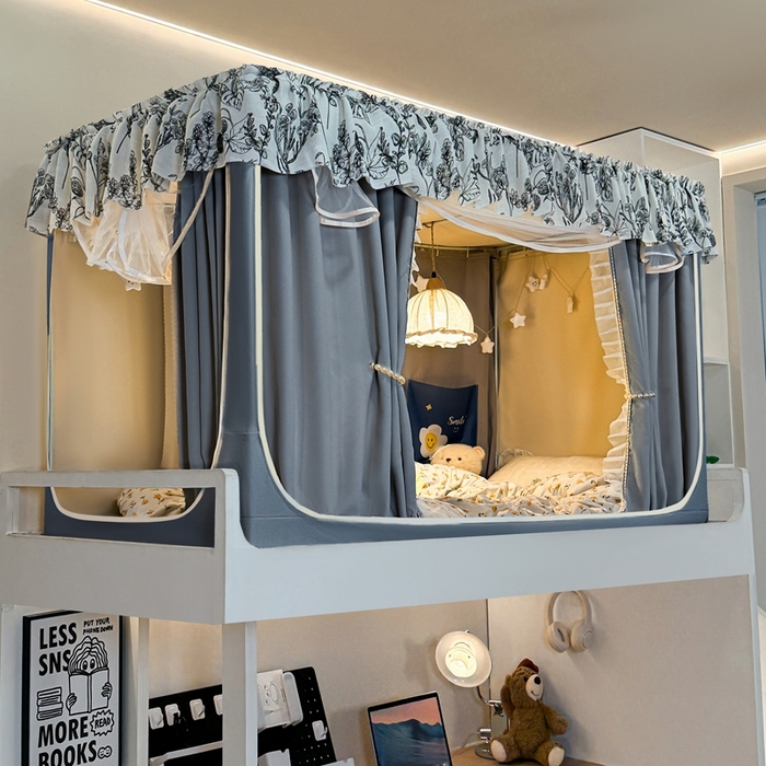 91家纺网 家纺一手货源 找家纺 飞轮海蚊帐2025新款学生宿主三开门遮光蚊帐XZ-97棉麻花边款 全底加高1.2    6面全包 蓝灰